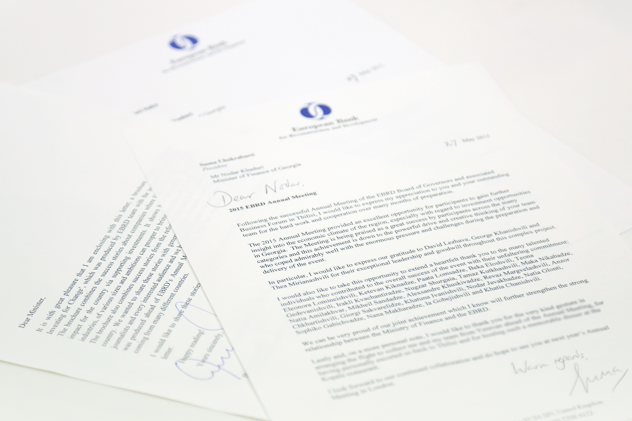 EBRD-ის პრეზიდენტის მადლობის წერილი საქართველოს ხელისუფლებასა და ფინანსთა სამინისტროს გუნდს