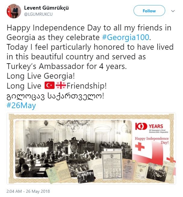 საქართველოში თურქეთის ყოფილი ელჩი ზექი ლევენთ გუმრუქჩუ საქართველოს დამოუკიდებლობის დღეს ულოცავს