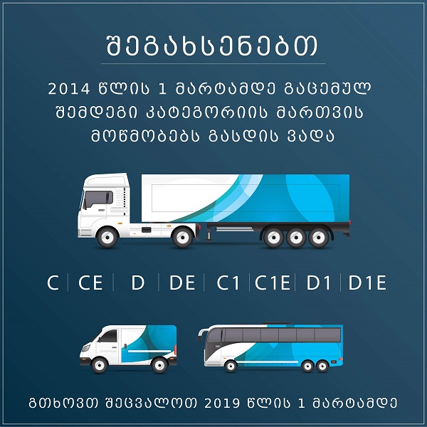 2014 წლის 1 მარტამდე გაცემულ C, CE, D და DE კატეგორიის და ქვეკატეგორიის მართვის მოწმობებს იურიდიული ძალა 2019 წლის 1 მარტამდე შეუნარჩუნდება