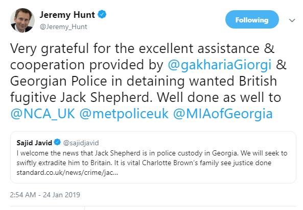 ბრიტანეთის გაერთიანებული სამეფოს საგარეო საქმეთა მინისტრი ჯერემი ჰანთი​ გიორგი გახარიას მადლობას უხდის