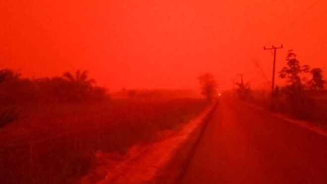 ინდონეზიაში ძლიერი დაკვამლიანების შედეგად ღრუბლებმა სისხლის ფერი მიიღეს| ფოტო