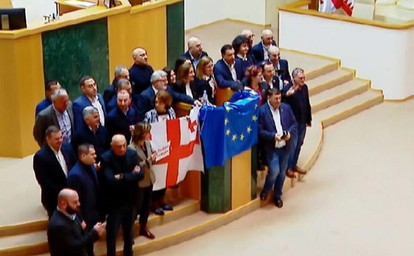 კანონპროექტის მეორე მოსმენით ჩავარდნის შემდეგ ოპოზიციონერმა დეპუტატებმა პარლამენტის ტრიბუნა დაიკავეს და საქართველო-ევროკავშირის დროშები გამოფინეს