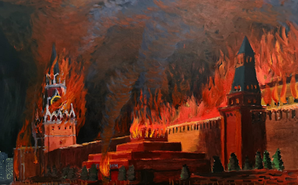 ქართველი მხატვრის სანდრო ანთაძის ნახატი „ცეცხლში გახვეული კრემლი“ ვოლოდიმირ ზელენსკის საჩუქრად გადაეცა