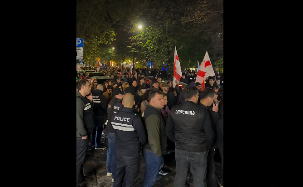 პარლამენტთან შეკრებილი მომიტინგეები მსვლელობას მართავენ